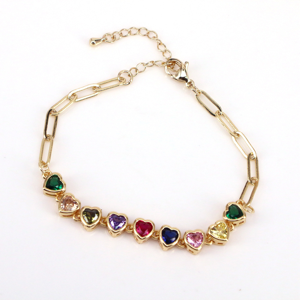 Fashion Heart Shape Copper Bracelets Gold Plated Artificial Gemstones Zircon Copper Bracelets