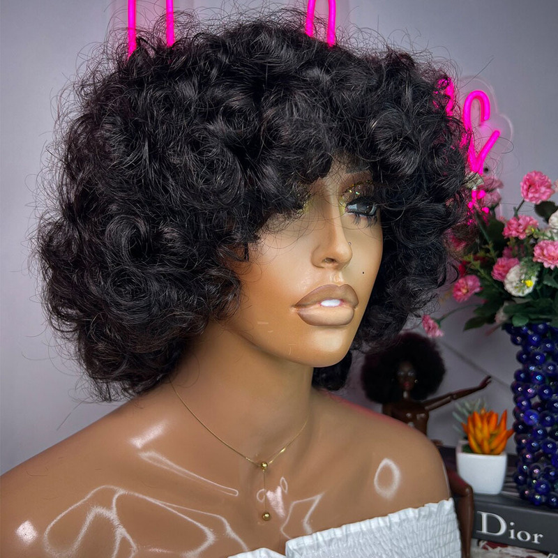 Double Drawn Wigs with Fringe Bouncy Curls wig棕色 短卷发大|undefined
