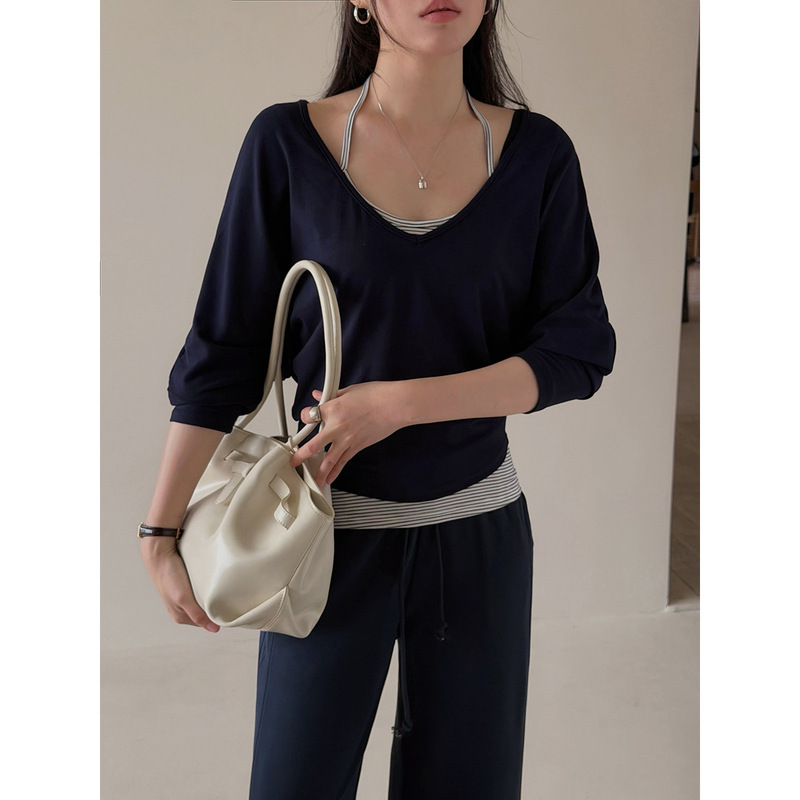 [Geming] Korean-Style Striped Vest + V-Neck Long-Sleeved T-Shirt Set Women's Autumn Casual Two-Piece Set An546