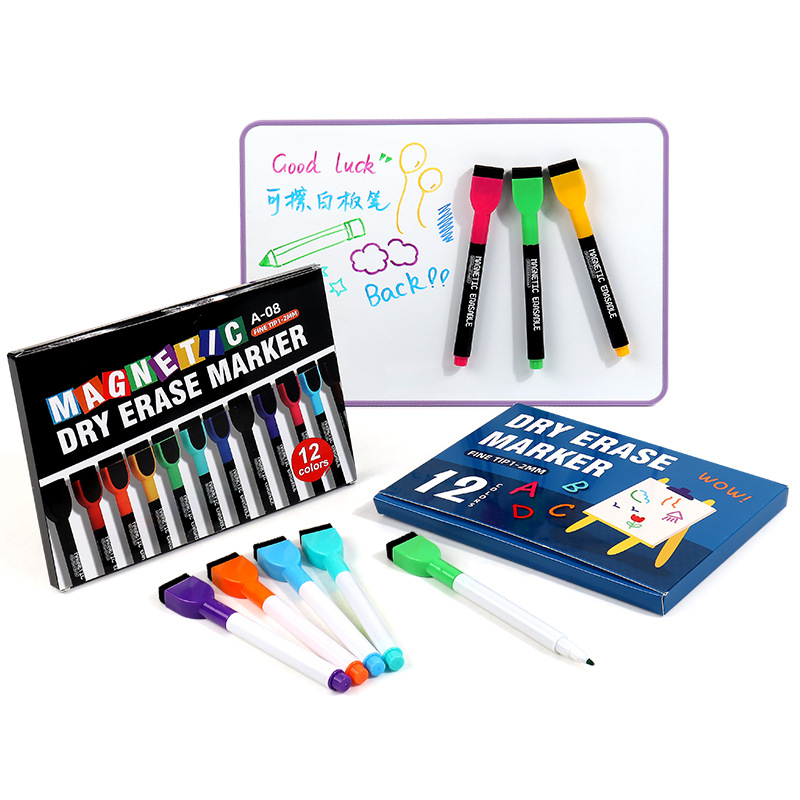 Bolígrafo de pizarra al por mayor con cepillo magnético de oficina con 12 colores de gran capacidad limpiable y ecológico no tóxico