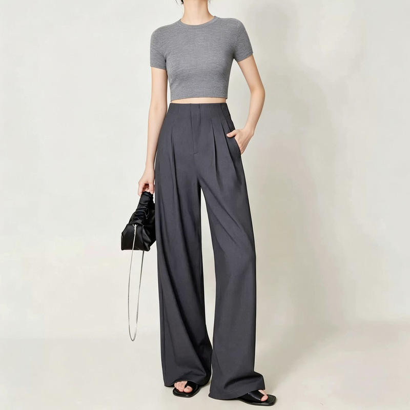 Gray High-Quality Tencel Wool High-Waisted Straight Wide-Leg Pants for Women, Fall 26, Floor-Length Relaxed Gray Suit Pants