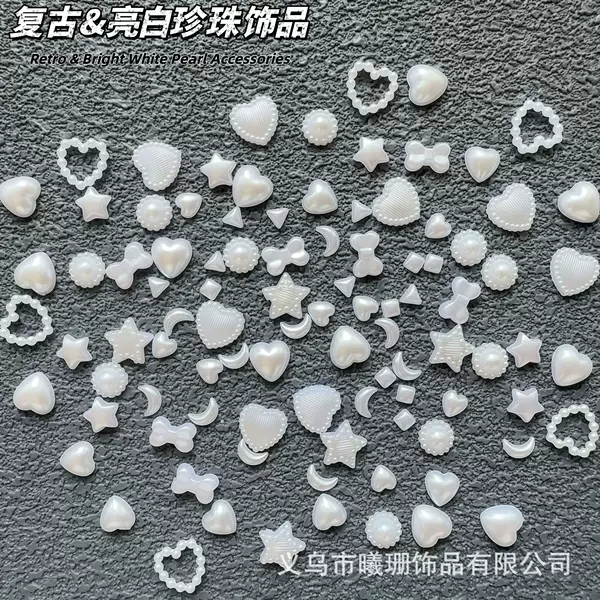 Nail art accessories, white pearls, half-round flat-bottomed heart and pentagram shapes, DIY handmade phone case accessories, cross-border