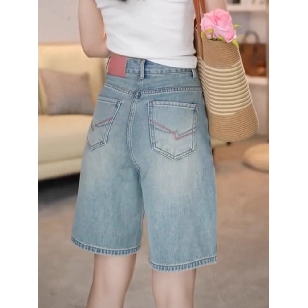 Quần short denim retro nữ lưng cao, phong cách mùa hè, mỏng nhẹ cho người dáng nhỏ — Màu xanh lam nhạt