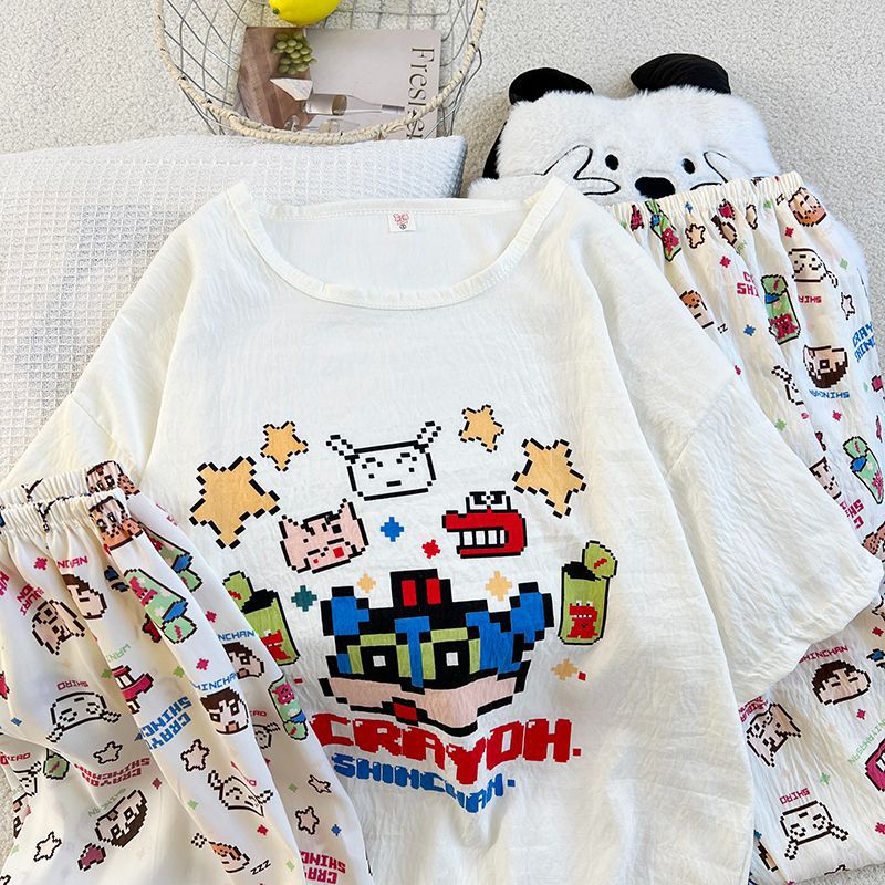 Pijamas de tres piezas jersey de verano para mujer traje de servicio a domicilio dulce y lindo nube algodón cuello redondo pantalones cortos de manga corta pantalones cortos