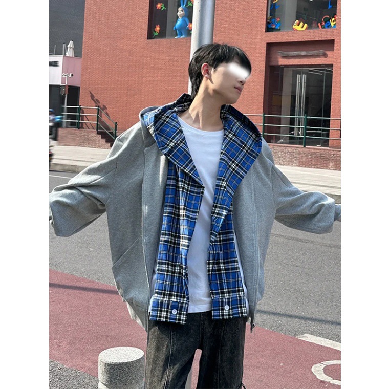 ​​Men's Checkered Zip-Up Hoodie – Heavyweight Faux Layered Pullover With Drop Shoulder & Side Pockets (Cotton Blend, Grey/Black, M-3XL)​​_voghion.com