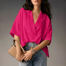 2025亚马逊欧美外贸女式夏季新款短袖翻领休闲宽松上衣纯色衬衣