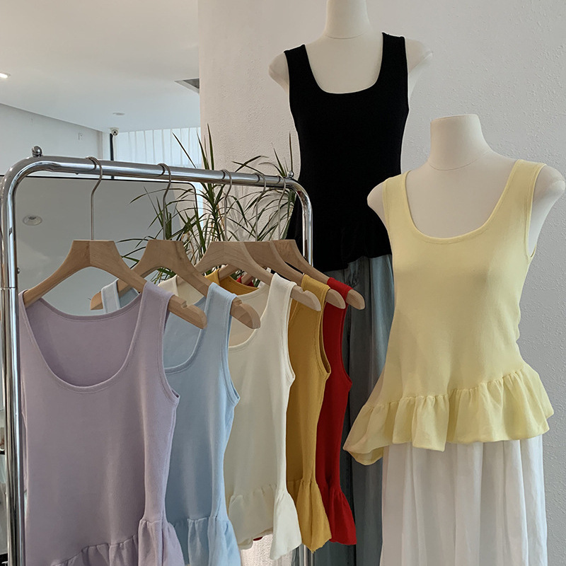 Oumarai square collar ruffled hem vest sweater summer temperament solid color sleeveless jacket wholesale 3449