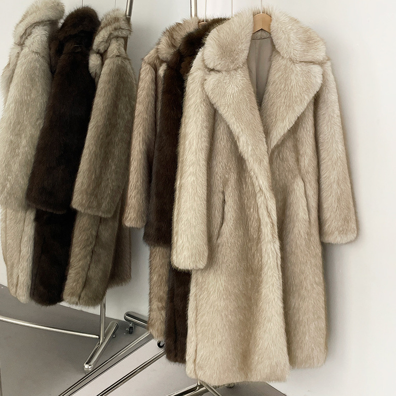 Cross-Border Hot Selling High-Quality Artificial Fur Imitation Fur Outwear for Women European and American Autumn and Winter Long Suit Collar Outwear for Women