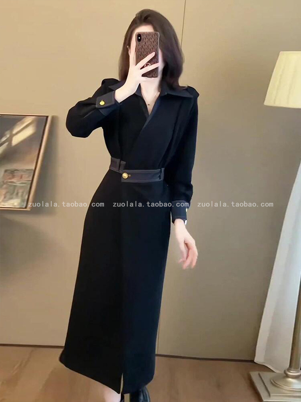 法式赫本风气质黑色长袖衬衫连衣裙女秋季大码胖mm收腰显瘦长裙子|undefined