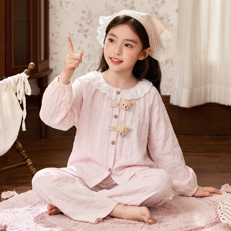 Girls' 12-15 year old pajamas with built-in chest pads, autumn cloud cotton long-sleeve set, anti-bump design, for older girls and middle school students