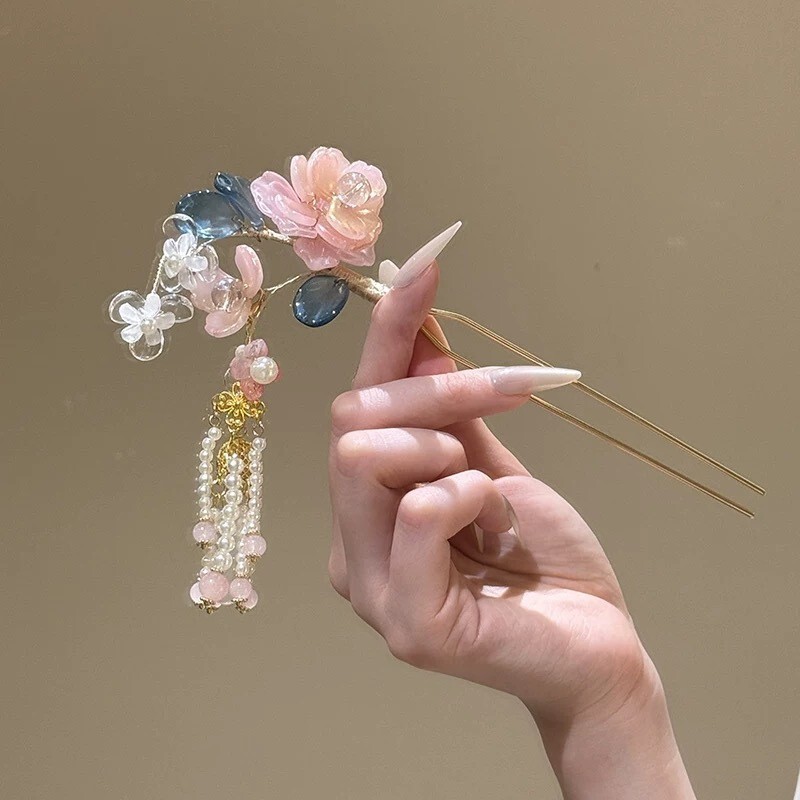恰逢江南~新中式簪花绢花发钗流苏发簪子古典头饰汉服旗袍头饰女|undefined