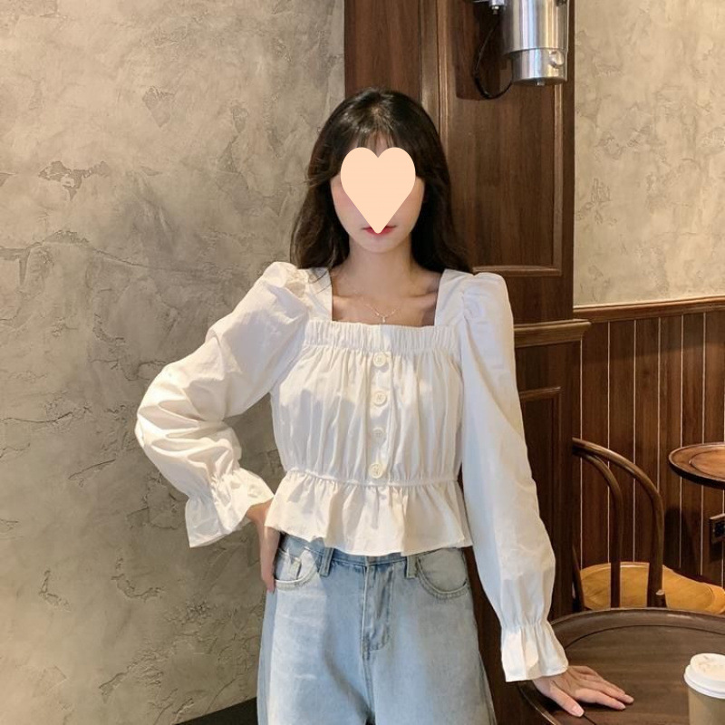 2025 Spring and Autumn New Sweet French Slim Fit Slim Square Collar Short Small Long Sleeve Shirt Top Female Style