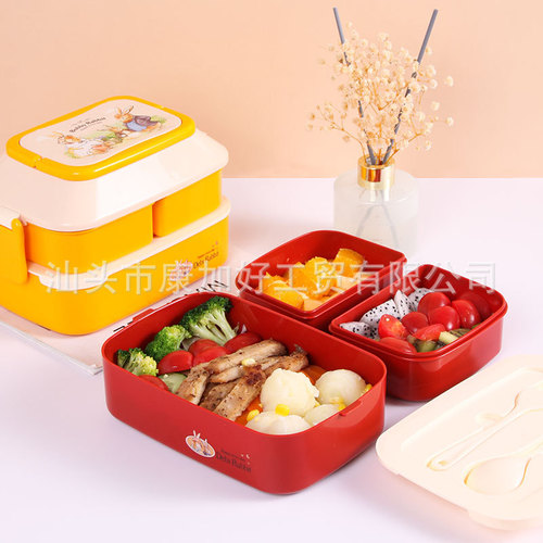 Japanese-style double-layer portable lunch box, student picnic light lunch box, office worker, portable, microwaveable, with fork and spoon