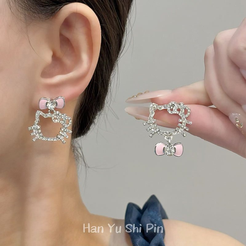 韩国新款甜美不能称Kt猫蝴蝶结耳环时尚小众可爱卡通镶钻猫咪耳环