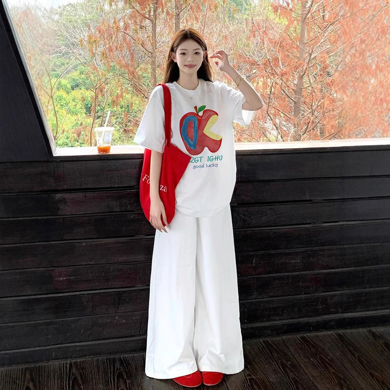 Apple Print White Short-Sleeved T-Shirt for Women Summer 2025 New Hot Style Loose Lazy Style Round Neck Pure Cotton Top Apple Print White Short-Sleeved T-Shirt for Women Summer 2025 New Hot Style Loose Lazy Style Round Neck Pure Cotton Top