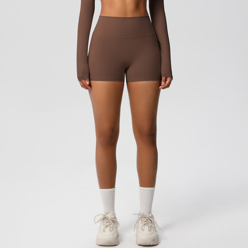 Spot cross-border solid color double-sided hair high waist tight hip lifting yoga shorts running fitness exercise three-quarter pants for women