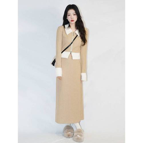 年韩版秋冬长袖短款翻领上衣高腰针织半裙时尚两件套装女