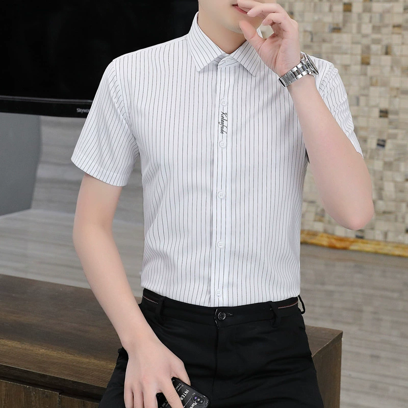 Новая летняя освежающая рубашка с короткими рукавами, мужская полосатая модная рубашка из бамбукового волокна, белая деловая официальная рубашка, тонкий стиль