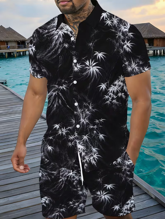 Men's Casual Hawaiian Print Shirt And Shorts Set Polyester Loose Fit Spring Summer Autumn Wear Y2K_viptrois.com