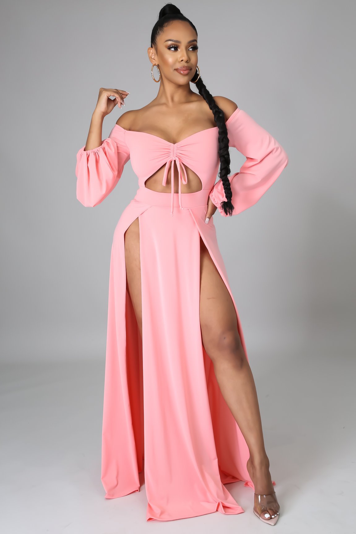 Solid Color Off-Shoulder Hollow Long Sleeve Slit Dress NSMRF116540