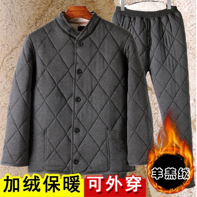 새로운 중년 및 노인 남성용 면화 패딩 재킷 겨울 입기 아빠를위한 두꺼운 면화 패딩 재킷 기모 따뜻한 할아버지 면화 패딩 세트