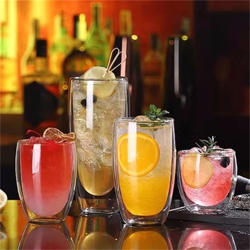 Taza de cóctel de doble capa no caliente, taza de vidrio de aislamiento térmico, taza de jugo de fría redonda creativa, taza de bebida caliente a prueba de quemaduras