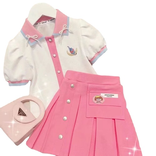 Girls' Korean style suit  new summer style Internet celebrity medium and large children's style short-sleeved Polo shirt pleated skirt two-piece set