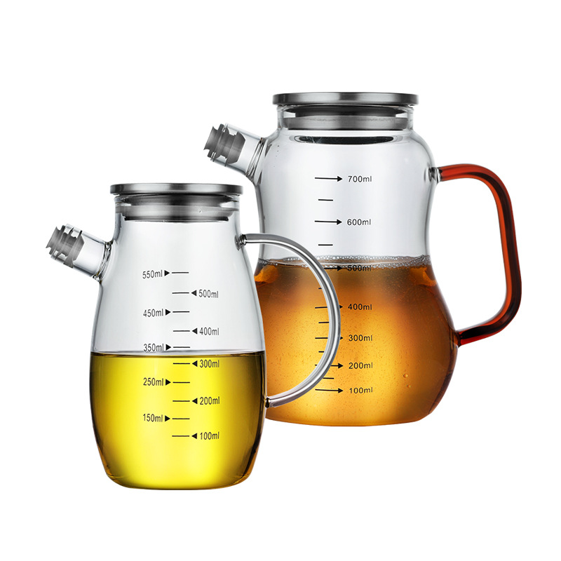 Fabricante al por mayor de recipientes de vidrio para aceite con escala, botella de aceite a prueba de fugas, recipiente para condimentos, salsa de soja, vinagre, recipiente para aceite, suministros de cocina para el hogar