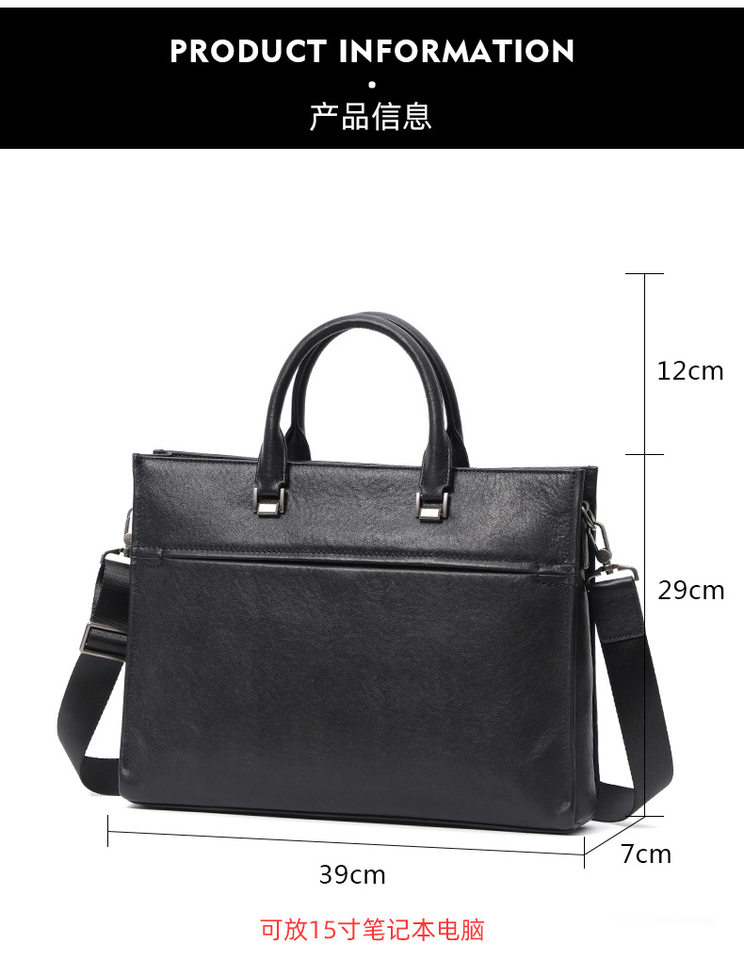 Túi xách tay công sở nam da bò lớp đầu, cặp đựng laptop 15.6 inch nhiều ngăn, 39×7×29 cm — Màu đen chi tiết 10