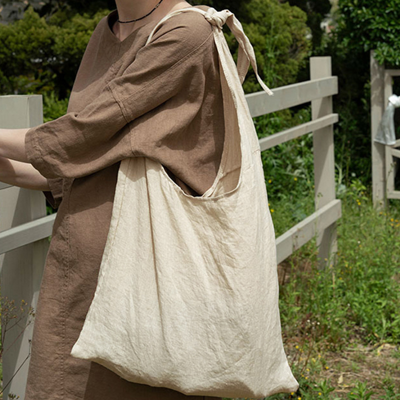 日系简约亚麻棉帆布包新款复古风设计感小众绑结包袋大容量腋下包