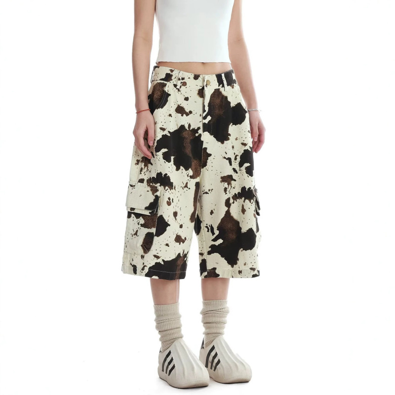 American Retro Style Cow Print Pants for Women, New Spring/Summer Collection, Relaxed Wide-Leg Loose Printed Cropped Jeans American Retro Style Cow Print Pants for Women, New Spring/Summer Collection, Relaxed Wide-Leg Loose Printed Cropped Jeans