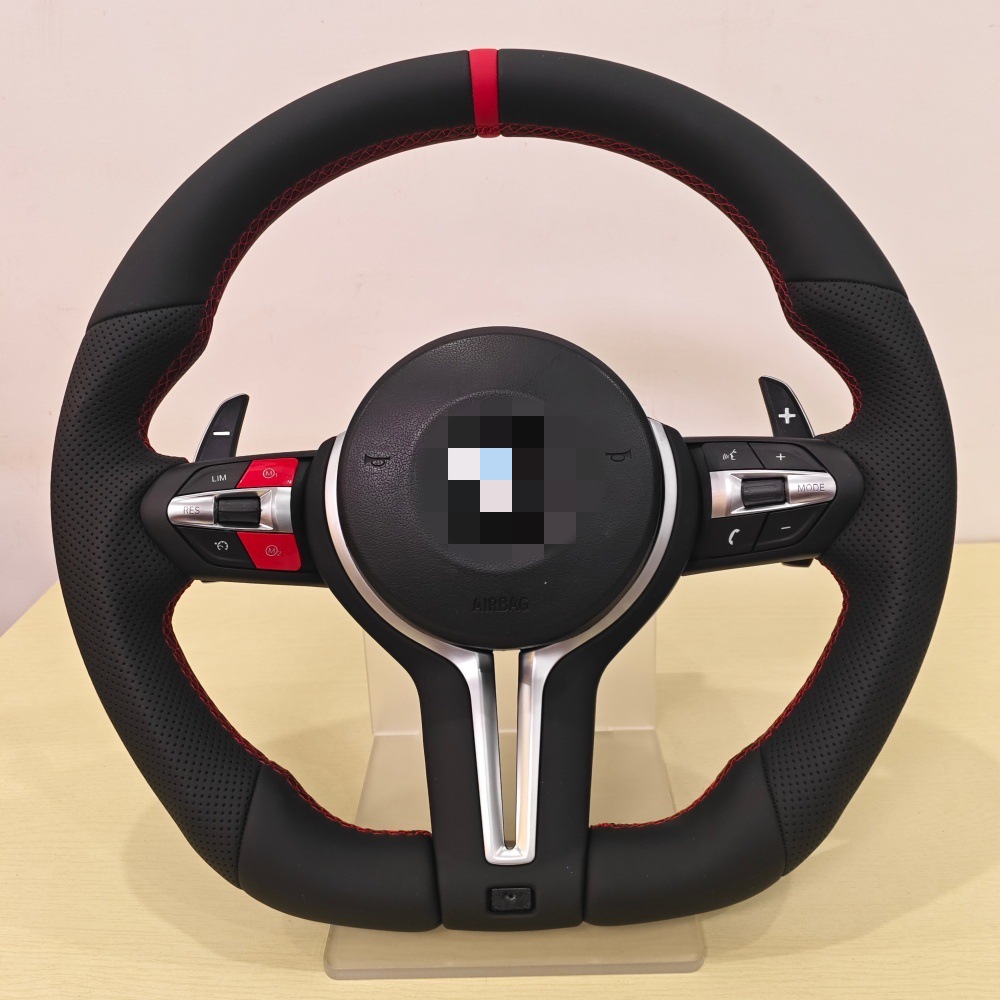 New red button with stitching alignment suitable for all BMW models, including the F10, F30, E90, and E92 steering wheels