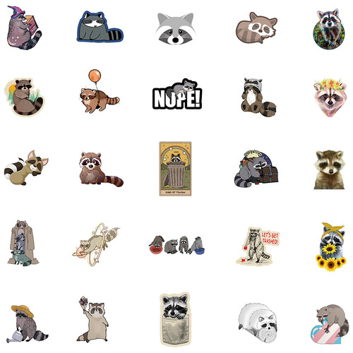 50 new Amazon cartoon raccoon stickers for computer laptop luggage waterproof DIY graffiti stickers