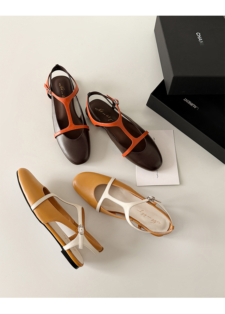 Sandal nữ quai chữ T bít mũi đế bệt da bò phối màu phong cách Hàn — màu nâu chi tiết 17