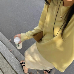 韓国風リラックス無地リネンニットプルオーバー白クラインブルー長袖Tシャツレディースボトリングシャツブラウス