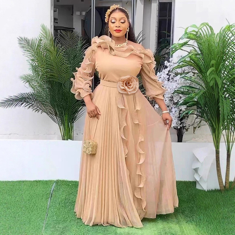 Plus Size Women's Elegant Champagne Chiffon Evening Dress Off-The-Shoulder Ruffled Sleeves Floral Belt Long Prom Dress