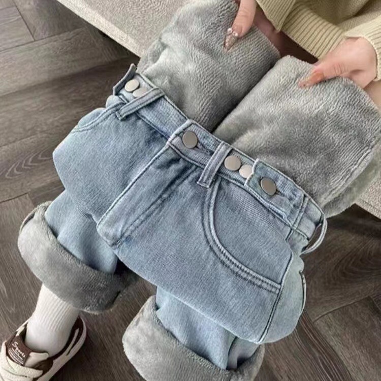 Women's thick wide-leg jeans 2023 Winter high waist loose slimming draping warm straight trousers fleece-lined pants Women's thick wide-leg jeans 2023 Winter high waist loose slimming draping warm straight trousers fleece-lined pants