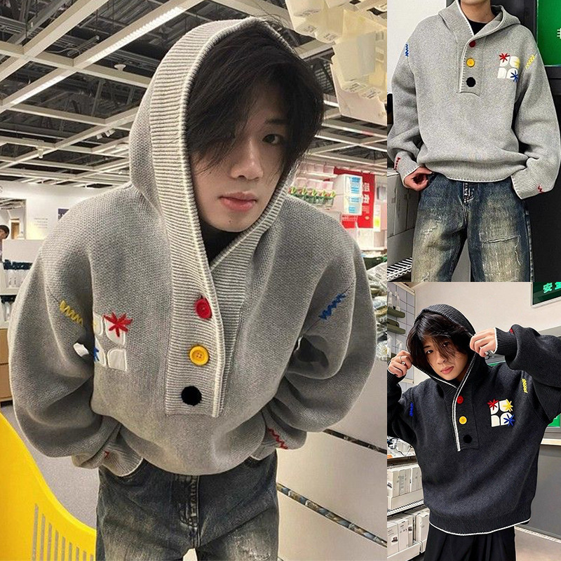 Hooded Colorful Button Knit Sweater Men's High-End Lazy Style Niche Autumn and Winter Sweater Foreign Trade Cross-Border Wholesale