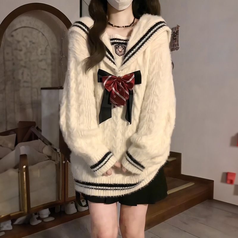 套装秋冬学院风蝴蝶结海军领针织麻花套头毛衣百褶裙子拼接褶皱|undefined