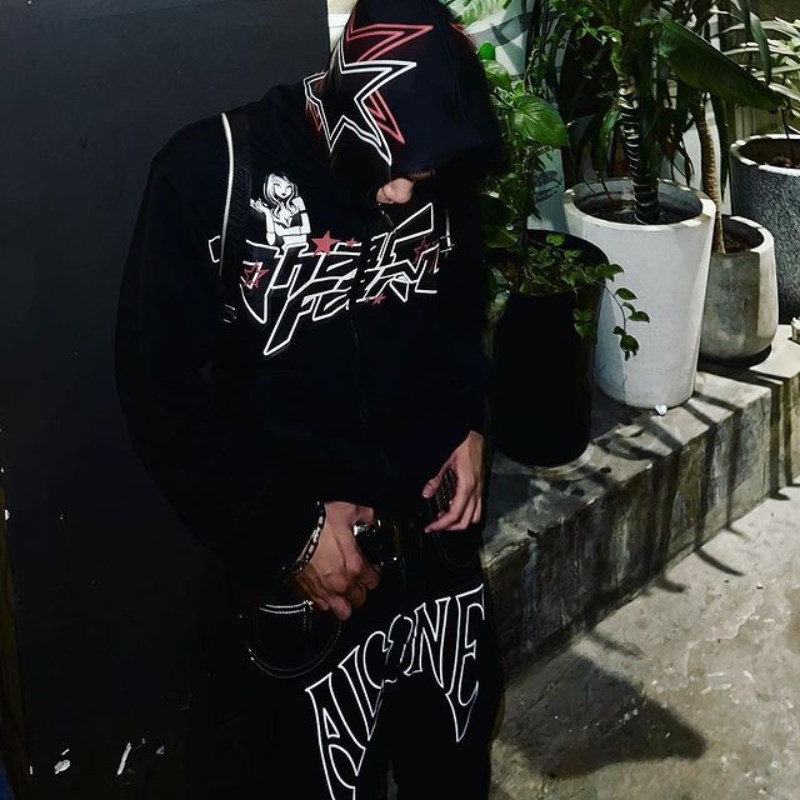Felpa da strada da uomo con stampa a stelle e lettere, giacca con cerniera, stile gotico hip hop Y2K, uomo e donna, con cappuccio_voghion.com