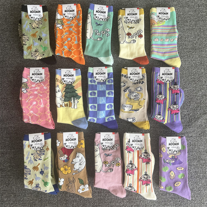New Product Wholesale Scandinavian Moomin Yami Cartoon Pattern Forest Literary Female Cute Sweet Mid-High Cotton Trendy Socks