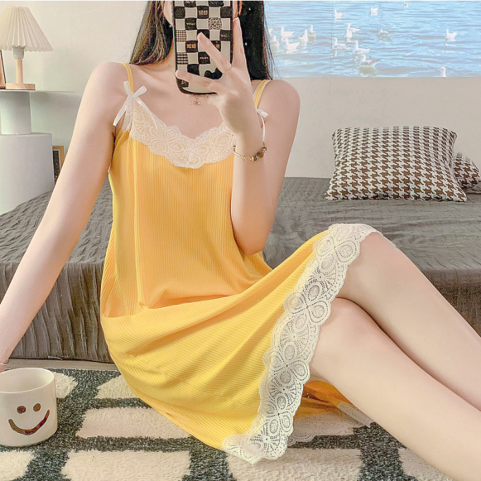 Comercio exterior al por mayor verano camisón chica leche hilo de seda tire marco fino pijamas estudiante encaje desgaste en el hogar