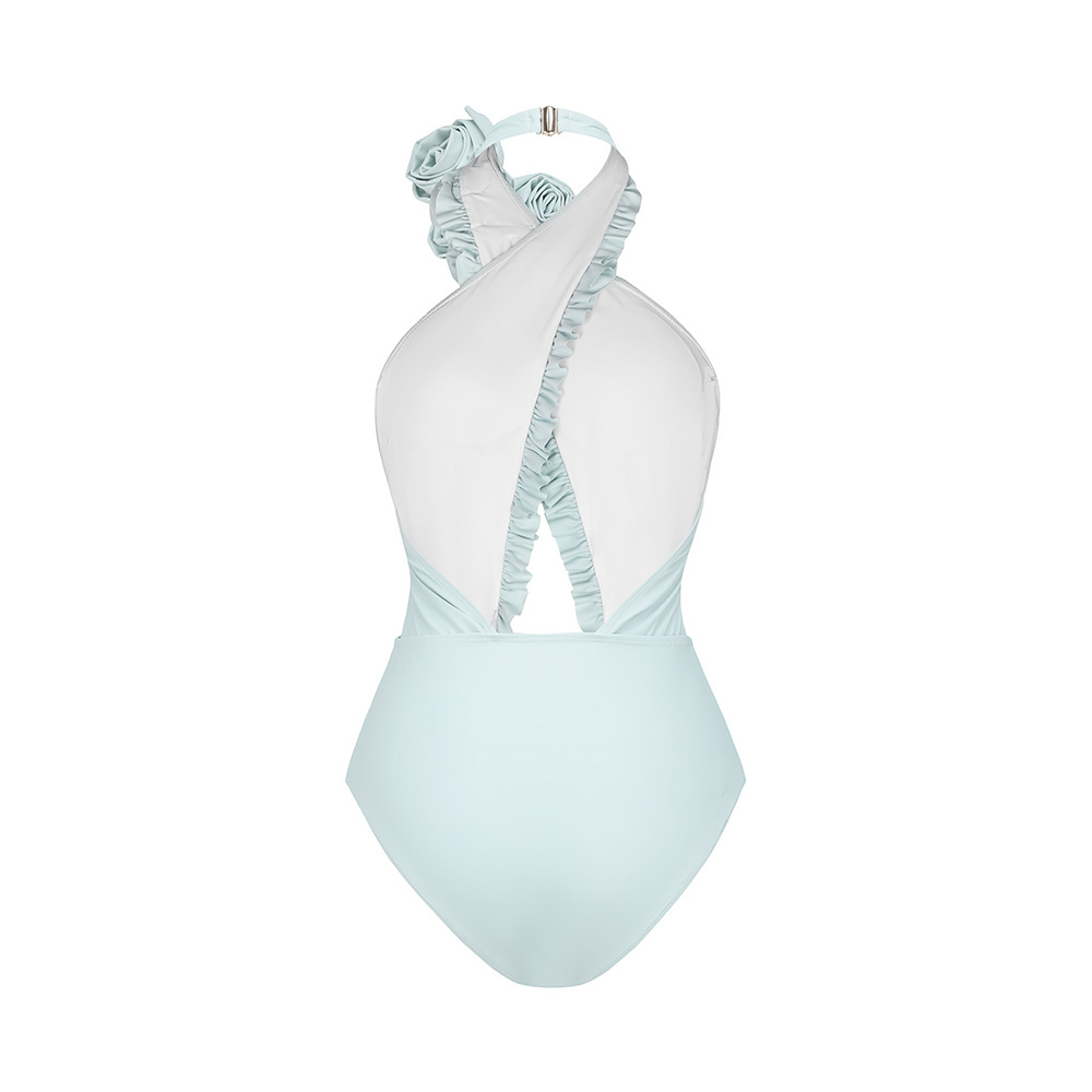 Halter Placket Type Nylon, Polyester Fabric Type Women's Sexy Solid Color Flower Printing One Piece