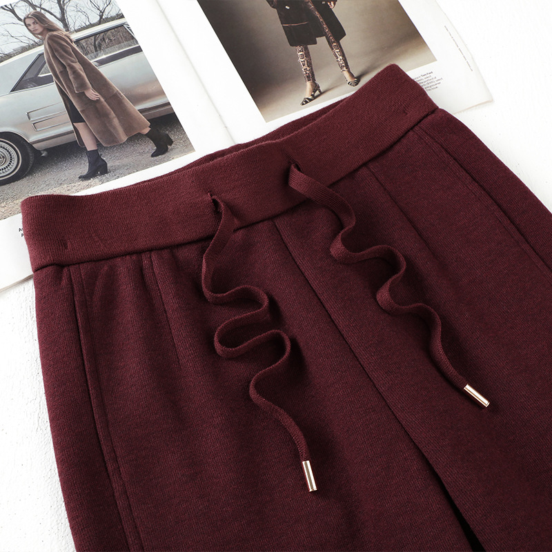 안코 라 레드 울 바지 여성 2024 새로운 가을과 겨울 느슨한 넓은 다리 바지 겨울 울 스트레이트 바지