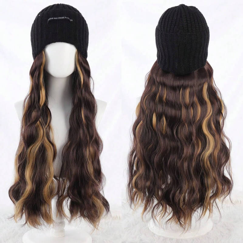 European and American Cross-Border Foreign Trade Wig Hat Wig One-Piece 22inch Knitted Velvet Hat Big Wave Hat Hood