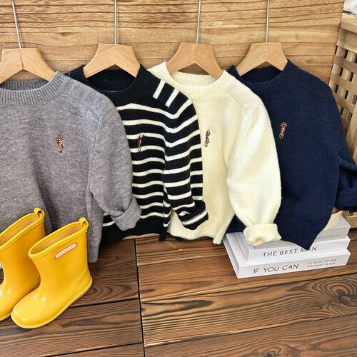 Children's sweater  autumn and winter new boys and girls embroidery casual striped knit sweater Korean style wool sweater trendy