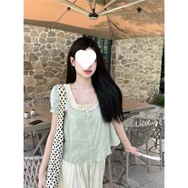 韩版甜美蕾丝花边娃娃领短袖宽松泡泡袖衬衫2026夏季百搭上衣女夏