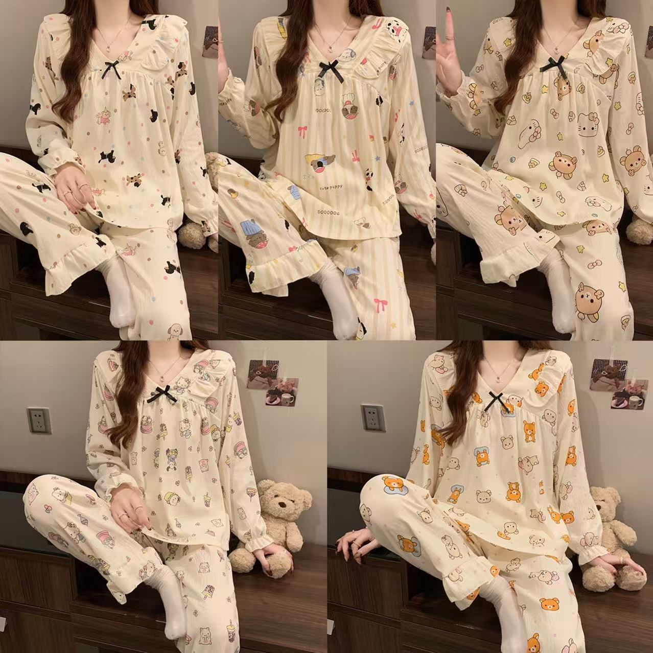 Pijamas de algodón nubes al por mayor transfronterizos de primavera y otoño de mujeres pantalones de manga larga de dos piezas con dibujos animados a rayas coreanas lindos ropa para el hogar