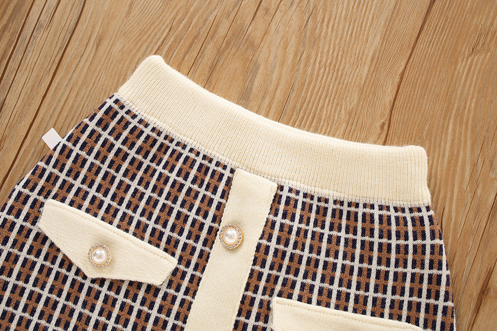 Pull deux pièces pour fille, ensemble Cardigan tricoté à carreaux, petit parfum, nouvelle édition coréenne, automne/hiver 2022_voghion.com