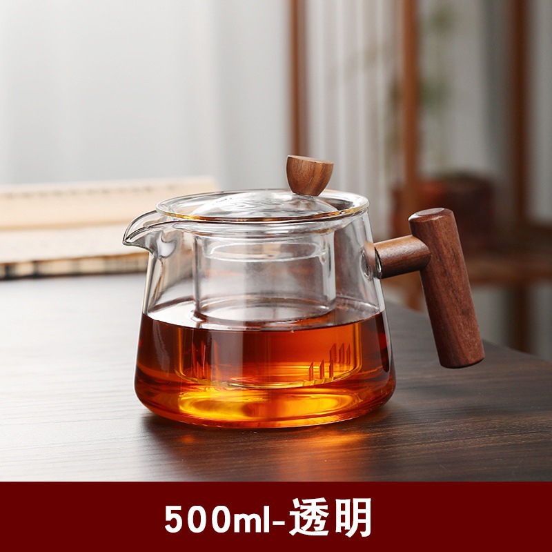 Tetera de vidrio hogar tetera de separación de té juego de té de vidrio resistente a altas temperaturas de vidrio ahumado gris mango de madera tetera